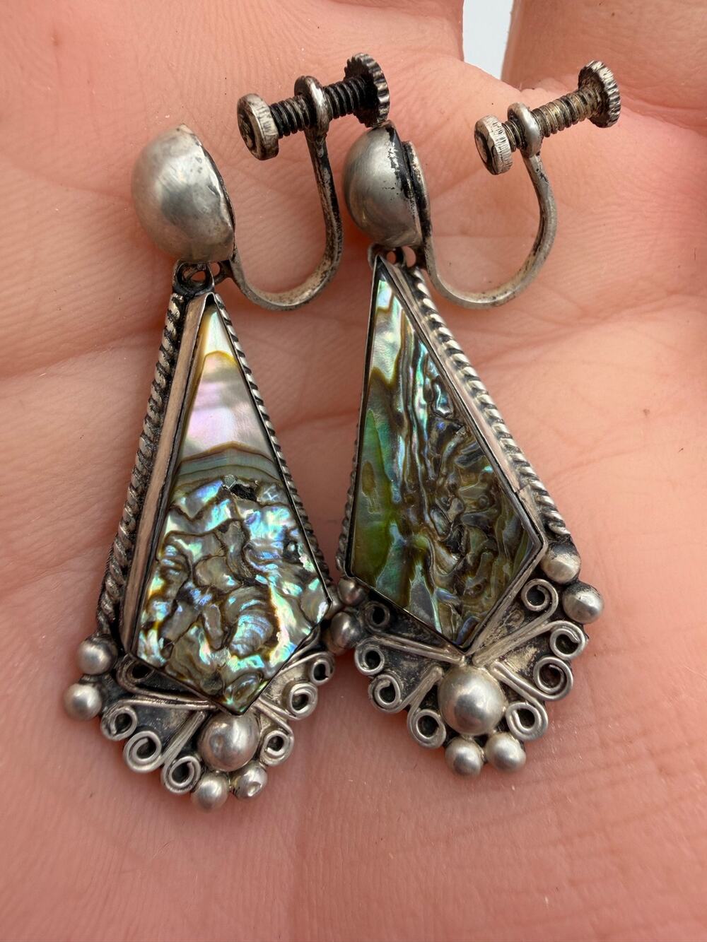 1940s Old Mexico Sterling & Abalone Drop Screw Back Earrings